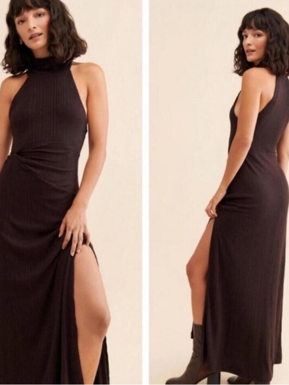 🆕 Free People Chocolate Brown High Neck Maxi Dress Fall Layer Sexy Slit Stretch